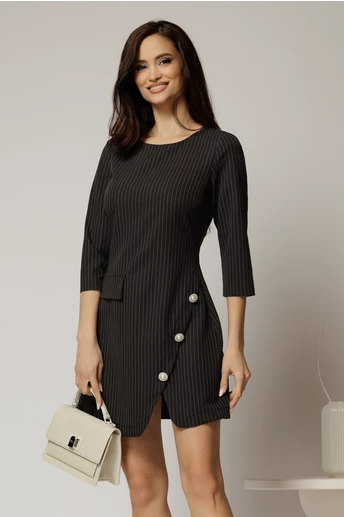 Rochie DY Fashion scurta neagra cu dungi si nasturi pe fusta