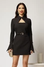 Rochie DY Fashion scurta neagra cu guler tip camasa si accesoriu, 1, dyfashion.ro