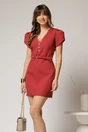 Rochie DY Fashion scurta rosu caramiziu cu decolteu V si dantela, 1, dyfashion.ro
