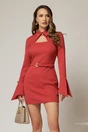 Rochie DY Fashion scurta rosu caramiziu cu guler tip camasa si accesoriu, 1, dyfashion.ro