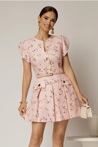Rochie DY Fashion scurta roz cu floricele si fusta cu pliuri