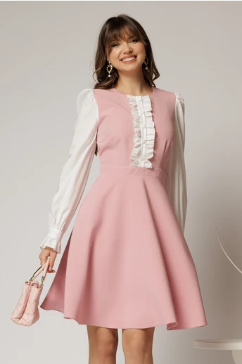 Rochie DY Fashion scurta roz cu maneci lungi din poplin si volanase