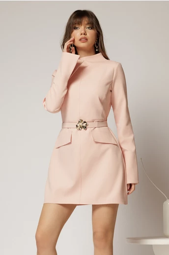 Rochie DY Fashion scurta roz din stofa cu clapete tip buzunare si curea in talie