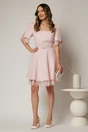 Rochie DY Fashion scurta roz pal cu dantela la fusta si maneci, 3, dyfashion.ro