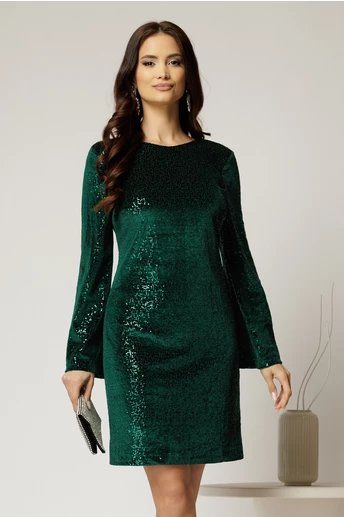 Rochie DY Fashion scurta verde din catifea cu paiete si funda la spate