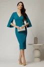 Rochie DY Fashion turcoaz conica cu maneci crapate si brosa detasabila, 3, dyfashion.ro