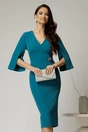 Rochie DY Fashion turcoaz conica cu maneci crapate si brosa detasabila, 1, dyfashion.ro