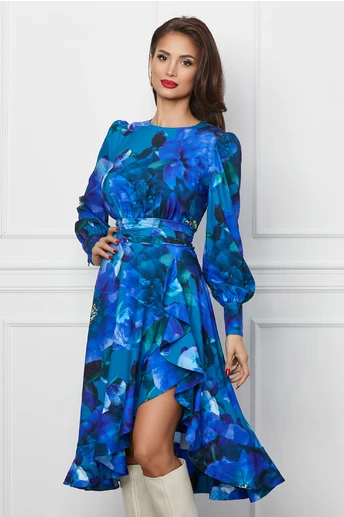 Rochie Dy Fashion turcoaz cu imprimeuri florale albastre si volan pe fusta