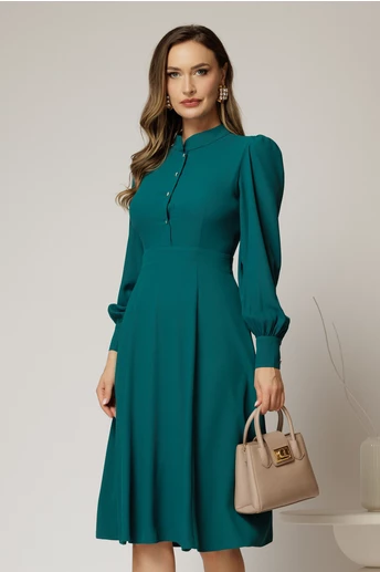 Rochie DY Fashion turcoaz din triplu voal cu guler tunica si nasturi tip floare