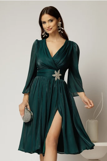 Rochie DY Fashion turcoaz din voal cu pelicula decolteu petrecut si detaliu pe talie