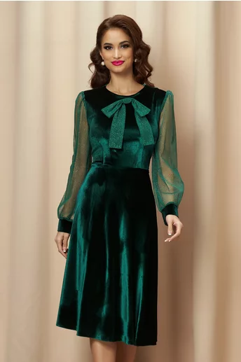 Rochie Dy Fashion verde clos din catifea cu funda si maneci din tull