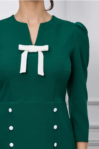 Rochie Dy Fashion verde cu funda la bust si nasturi pe fusta