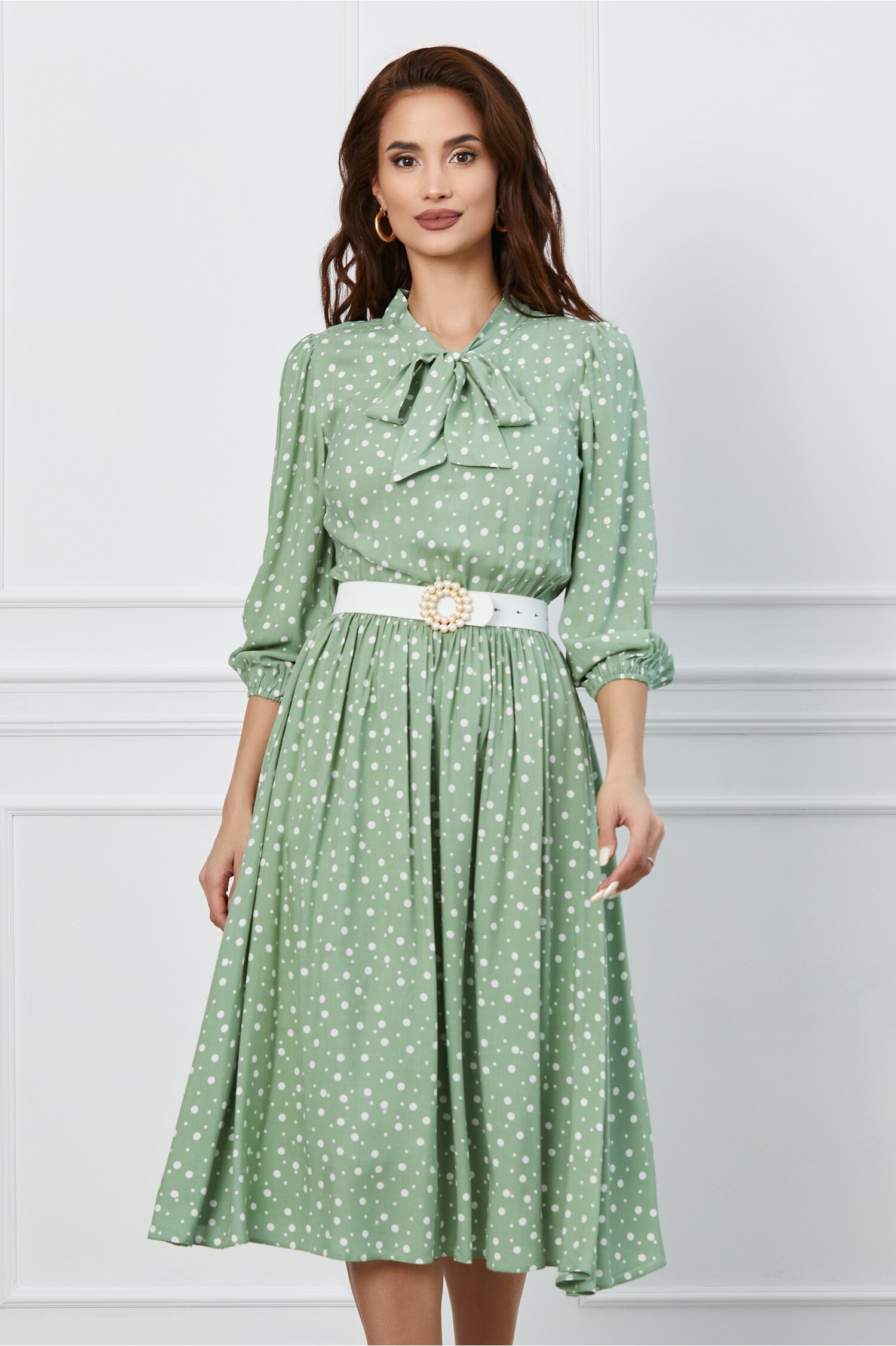 Rochie Dy Fashion verde cu imprimeu buline albe