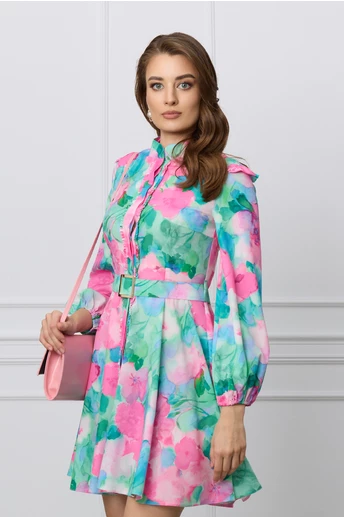 Rochie Dy Fashion verde cu imprimeuri roz si curea in talie