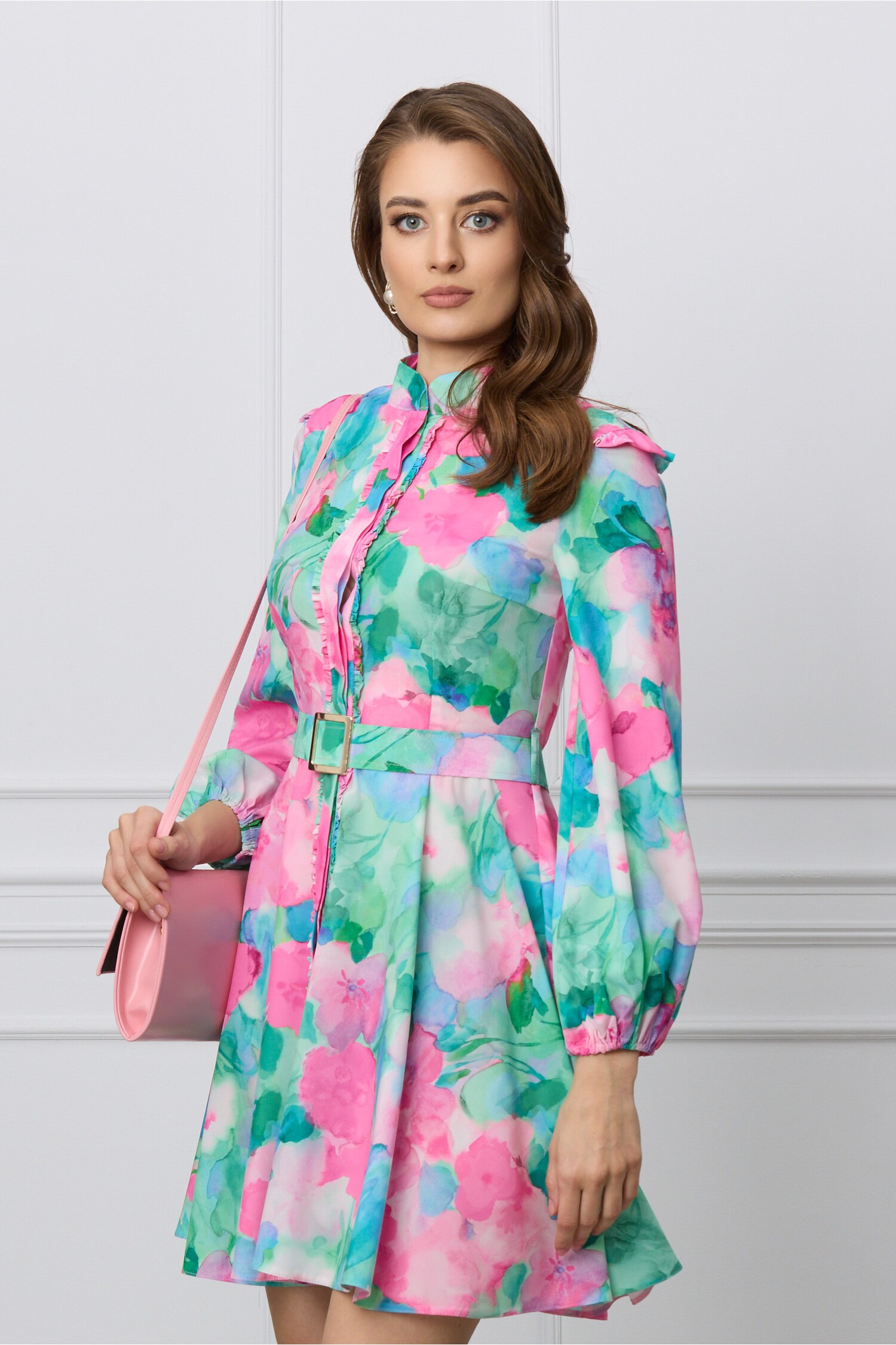 Poze Rochie Dy Fashion verde cu imprimeuri roz si curea in talie dyfashion.ro