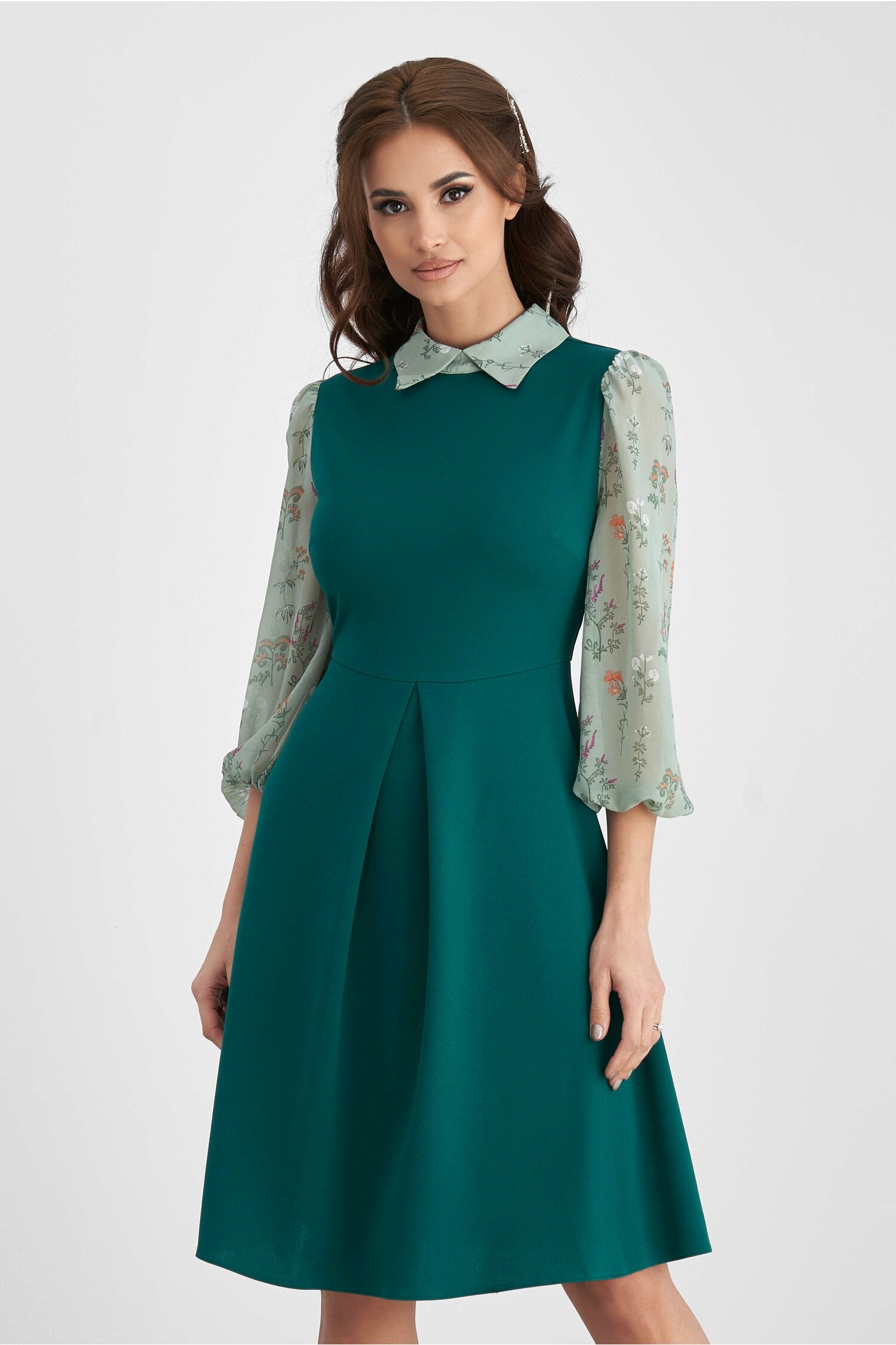 Rochie dy fashion verde cu maneci din voal imprimat