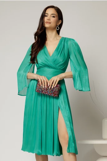 Rochie DY Fashion verde de ocazie din voal peliculizat cu maneci crapate