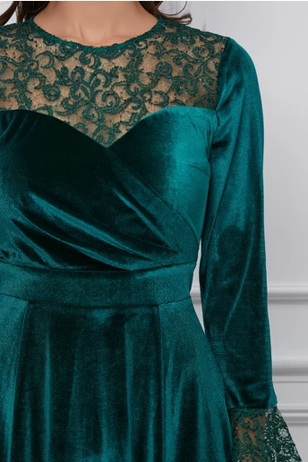 Rochie Dy Fashion verde din catifea cu bust si mansete din dantela