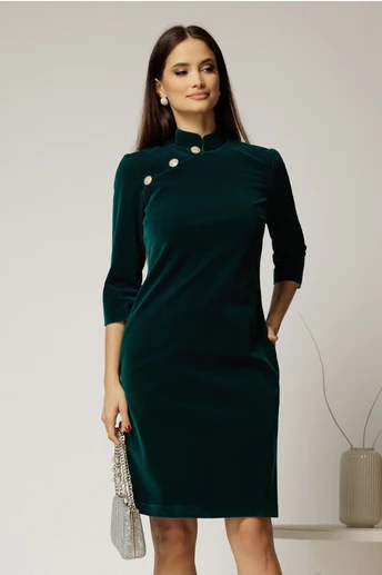 Rochie DY Fashion verde din catifea fixa cu guler tunica si nasturi