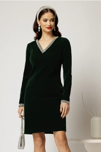 Rochie DY Fashion verde din catifea fixa cu perle la decolteu si maneci
