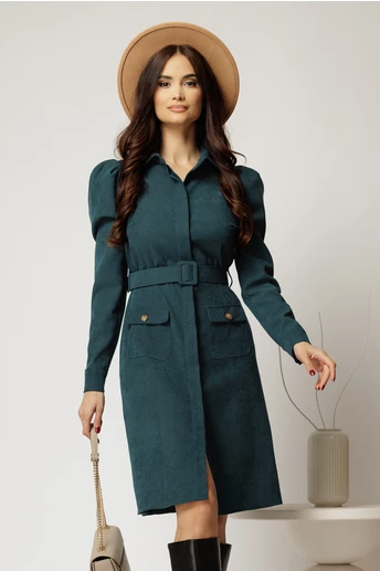 Rochie DY Fashion verde din catifea reiata tip camasa si curea in talie