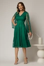 Rochie DY Fashion verde din dantela cu maneci lungi crapate si decolteu in V, 3, dyfashion.ro