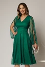 Rochie DY Fashion verde din dantela cu maneci lungi crapate si decolteu in V, 1, dyfashion.ro