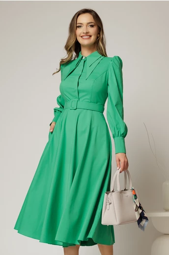 Rochie DY Fashion verde din poplin cu guler dublu si curea in talie