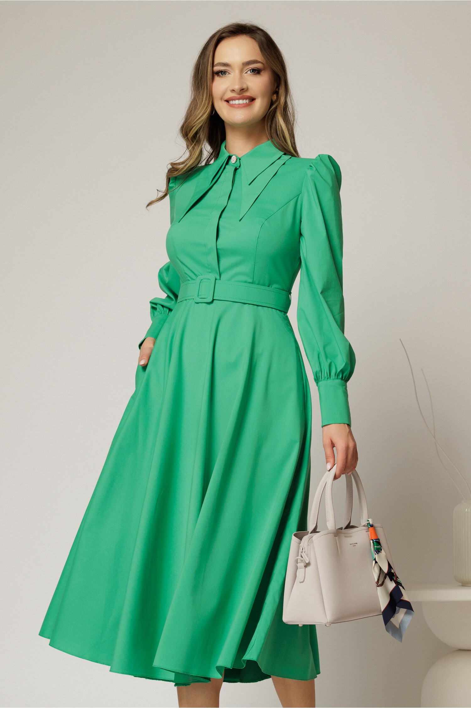 Rochie DY Fashion verde din poplin cu guler dublu si curea in talie