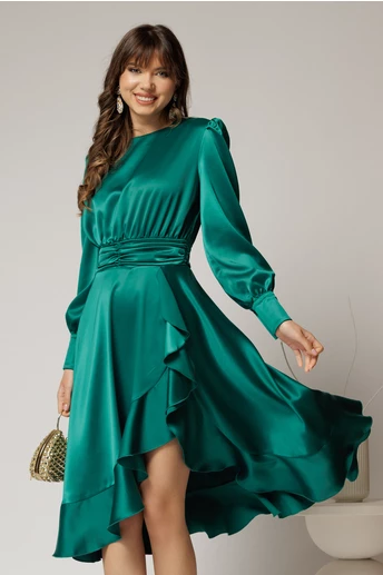 Rochie DY Fashion verde din satin plin cu croi asimetric
