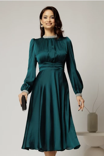 Rochie DY Fashion verde din voal cu perle la guler si maneci