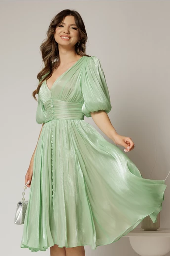 Rochie DY Fashion verde fistic cu decolteu adanc si nasturi din voal peliculizat