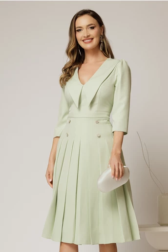 Rochie DY Fashion verde fistic cu decolteu cu guler ascutit si fusta plisata