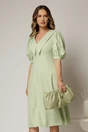 Rochie DY Fashion verde fistic in clini cu guler ascutit si maneci scurte bufante, 1, dyfashion.ro
