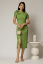 Rochie DY Fashion verde lime midi conica cu crepeu si trandafir maxi la decolteu, 3, dyfashion.ro