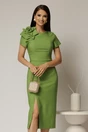 Rochie DY Fashion verde lime midi conica cu crepeu si trandafir maxi la decolteu, 1, dyfashion.ro