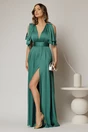 Rochie DY Fashion verde lunga de seara cu decolteu adanc si funde ample, 1, dyfashion.ro