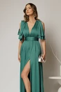 Rochie DY Fashion verde lunga de seara cu decolteu adanc si funde ample, 3, dyfashion.ro