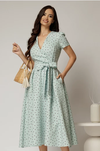 Rochie DY Fashion verde menta cu buline cu decolteu petrecut si cordon in talie