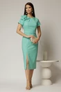 Rochie DY Fashion verde menta midi conica cu crepeu si trandafir maxi la decolteu, 3, dyfashion.ro