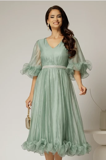 Rochie DY Fashion verde mint din voal creponat cu volanase si decolteu in V