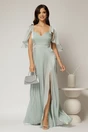 Rochie DY Fashion verde mint lunga de seara cu aplicatii de perle pe talie, 1, dyfashion.ro