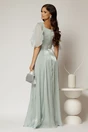 Rochie DY Fashion verde mint lunga de seara cu aplicatii de perle pe talie, 2, dyfashion.ro