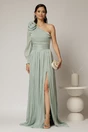 Rochie DY Fashion verde mint pe un umar cu detaliu floral amplu din voal peliculizat, 1, dyfashion.ro