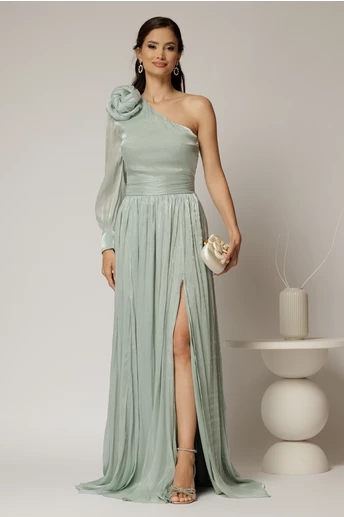 Rochie DY Fashion verde mint pe un umar cu detaliu floral amplu din voal peliculizat