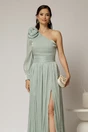 Rochie DY Fashion verde mint pe un umar cu detaliu floral amplu din voal peliculizat, 3, dyfashion.ro