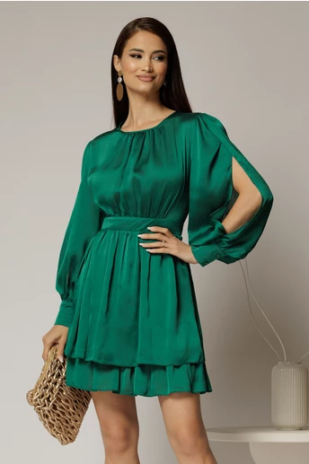 Rochie DY Fashion verde scurta din voal cu manecile sparte si fusta suprapusa