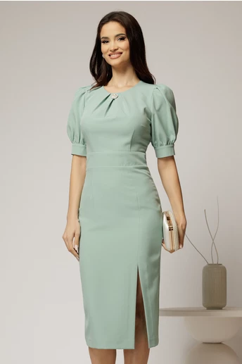 Rochie DY Fashion vernil conica cu maneci bufante scurte si detaliu la decolteu