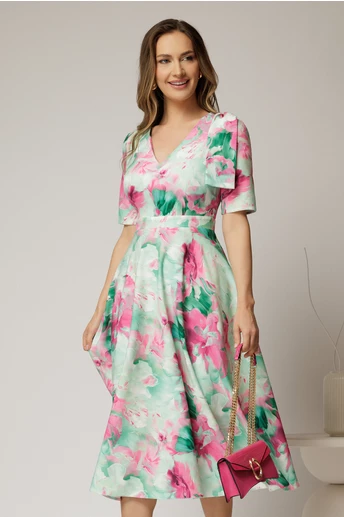 Rochie DYFashion midi clos cu funda pe umar si print verde si fucsia