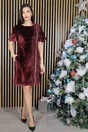 Rochie eleganta bordo din catifea cu pene